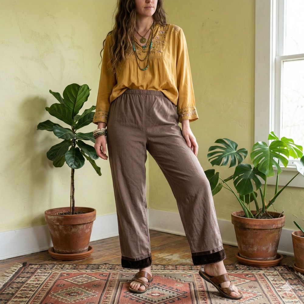 Vintage Johnny Was Pants Womens Medium Tan Brown Cotton Pull On Relaxed Fit Boho